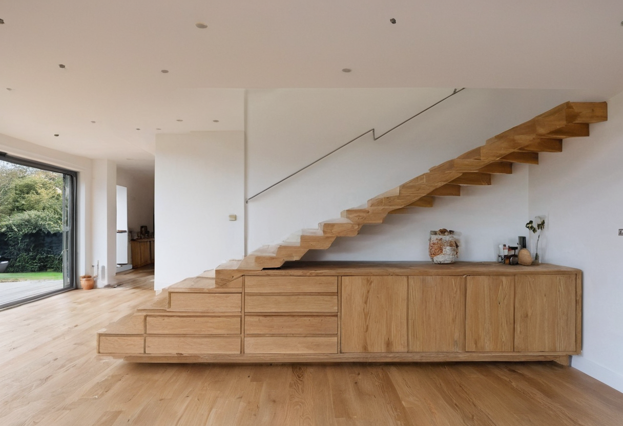Деревянная лестница и ряд закрытых шкафов под ступенями